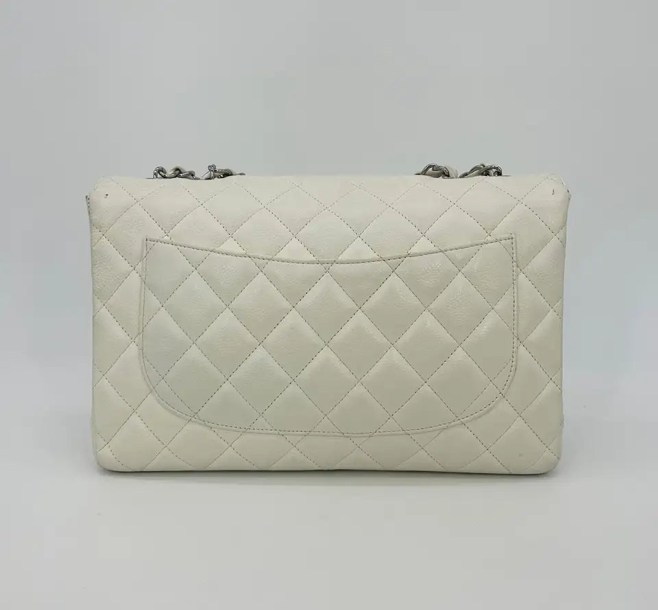Chanel White Caviar Quilted Jumbo Single Flap Classic