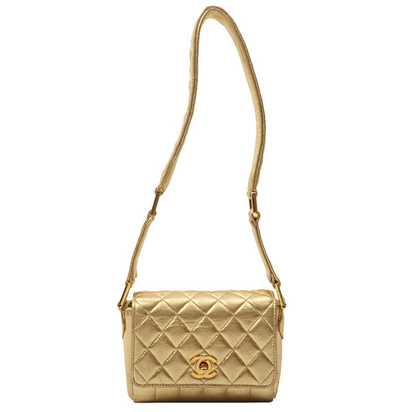 Chanel Around 1990 Made Design Stitchturn-Lock Shoulder Bag Gold