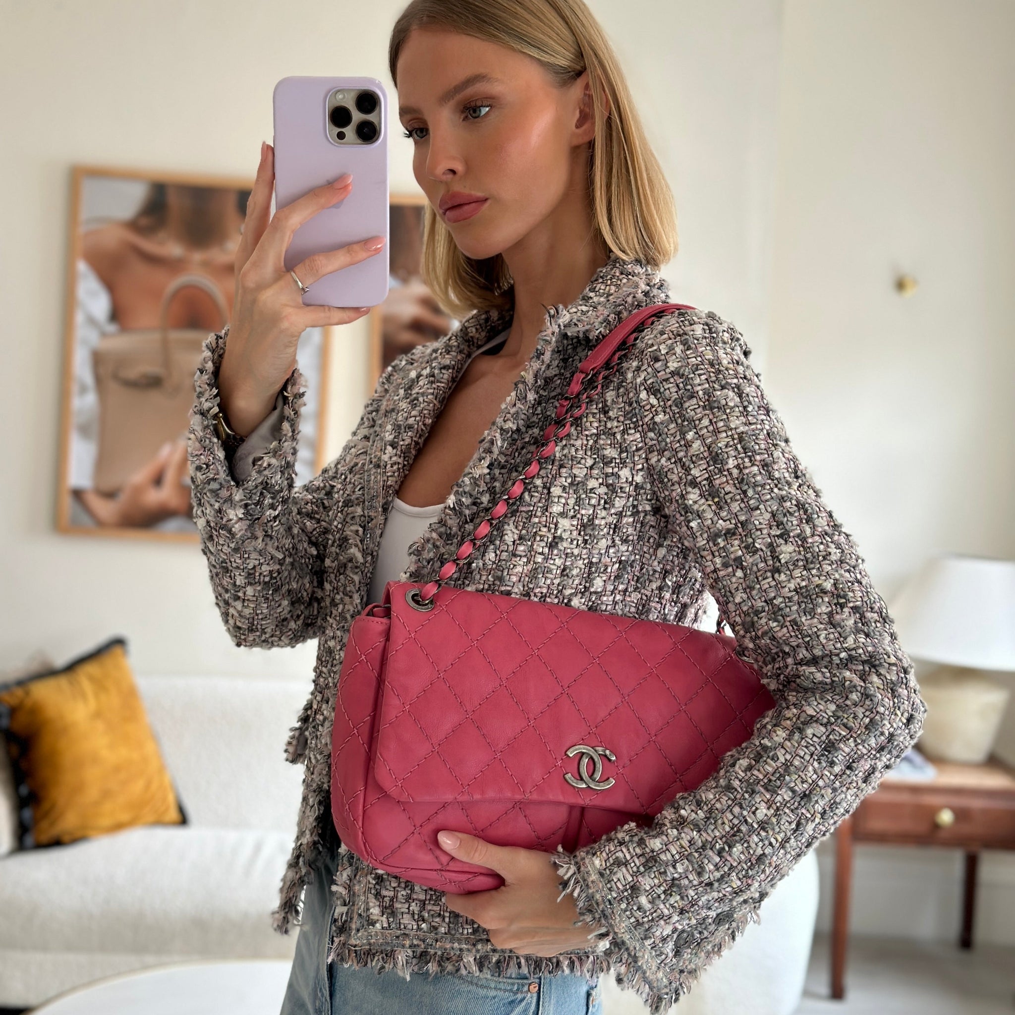 Chanel Pink Split Pocket Flap Bag with Stitched Detailing