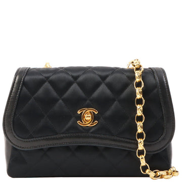 Chanel Around 1990 Made Leather Silk Satin Combination Design Flap Mini Bijou Chain Bag Black
