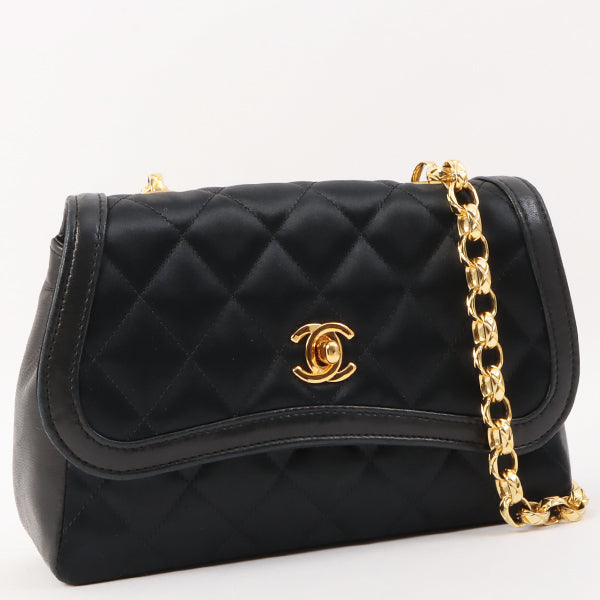 Chanel Around 1990 Made Leather Silk Satin Combination Design Flap Mini Bijou Chain Bag Black