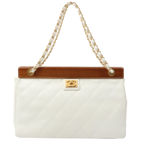 Chanel 2003 Made Caviar Skin Wood Metal Clasp Cc Mark Plate Shoulder Bag White/Brown