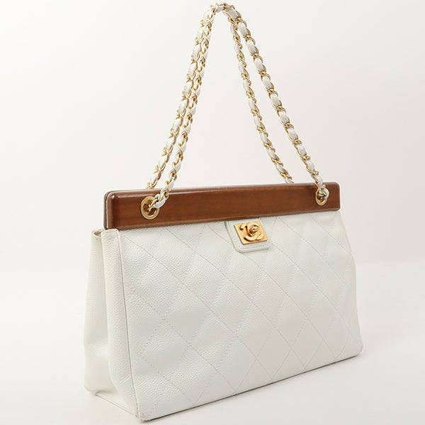 Chanel 2003 Made Caviar Skin Wood Metal Clasp Cc Mark Plate Shoulder Bag White/Brown