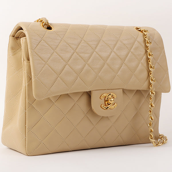 CHANEL Around 1990 Made Big Square Classic Flap Chain Bag Beige