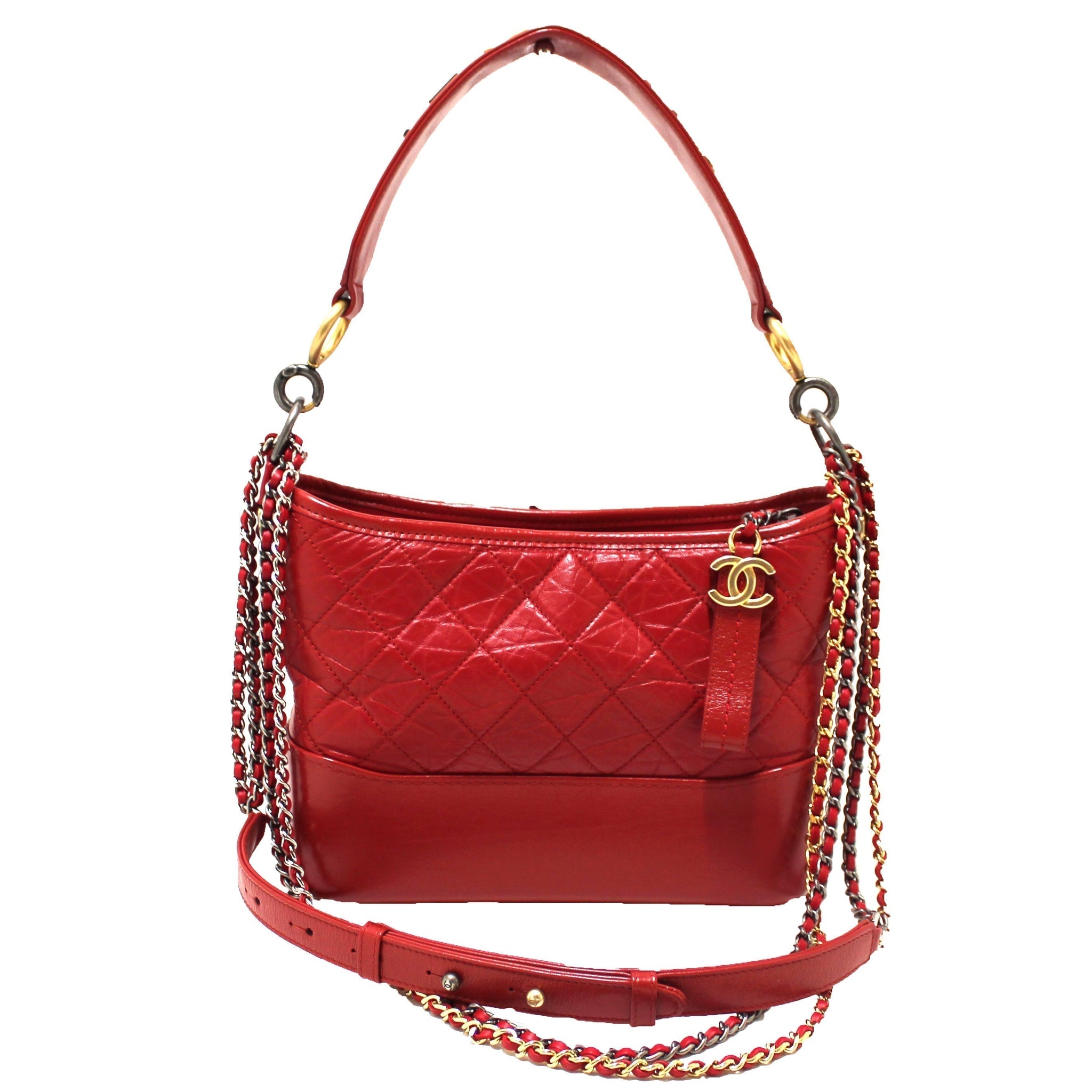 Chanel Red Aged Calfskin Leather Small Gabrielle Hobo Crossbody Bag