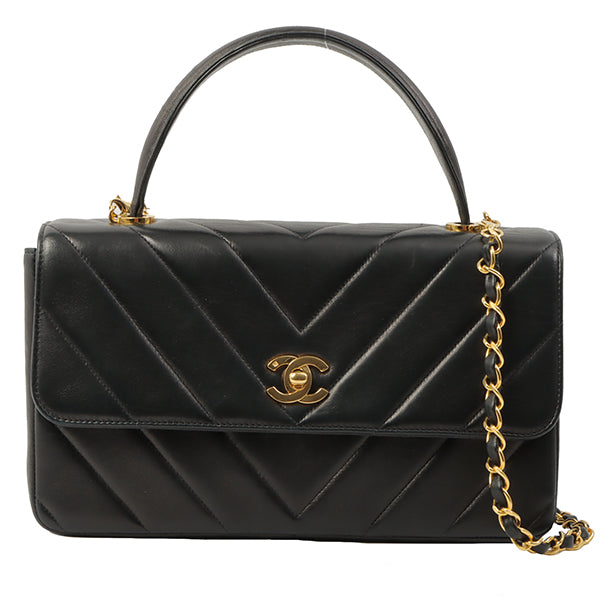 Chanel Around 1998 Chevron Turn-Lock Chain 2Way Bag Black