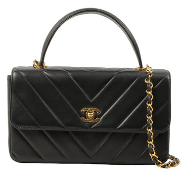Chanel Around 1998 Chevron Turn-Lock Chain 2Way Bag Black