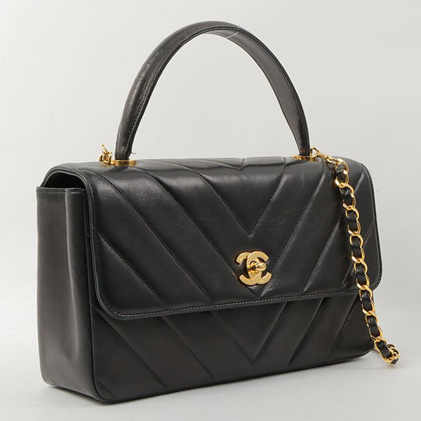 Chanel Around 1998 Chevron Turn-Lock Chain 2Way Bag Black