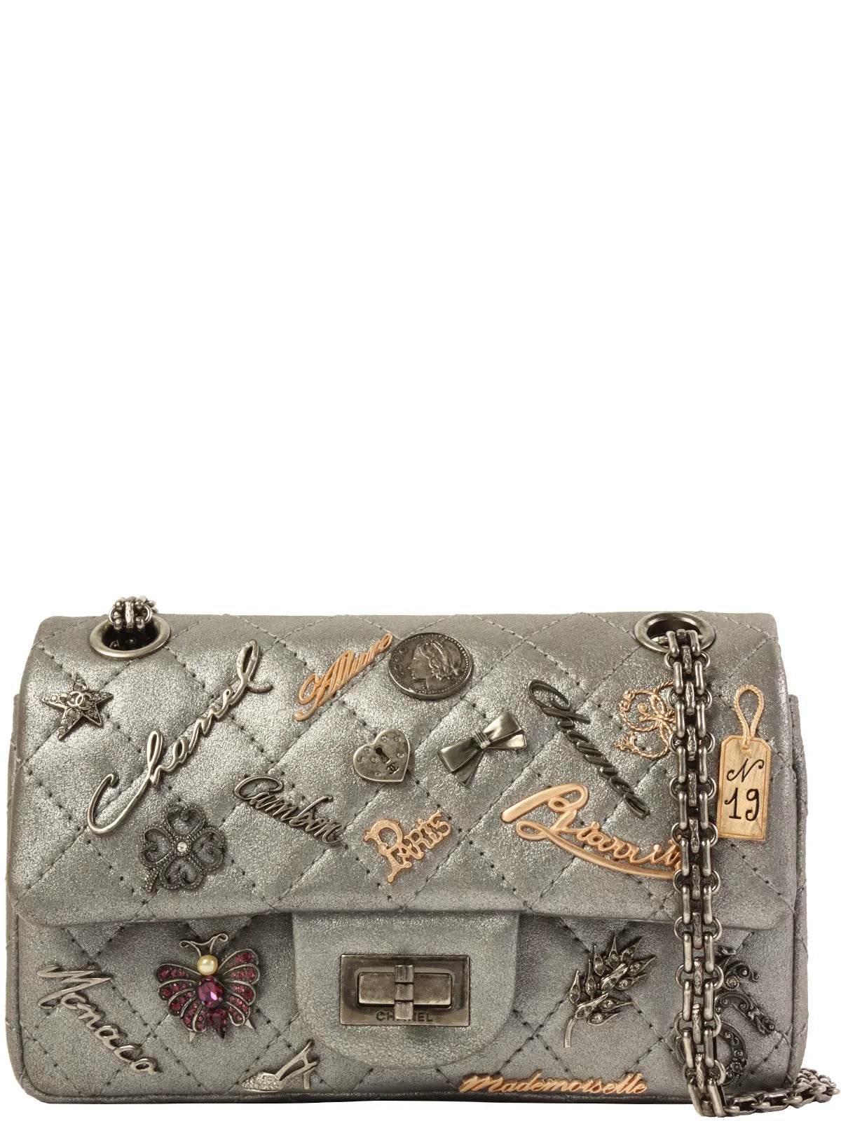 CHANEL Around 2007 Made 2.55 Icon Charm Chain Bag Mini Metallic Silver