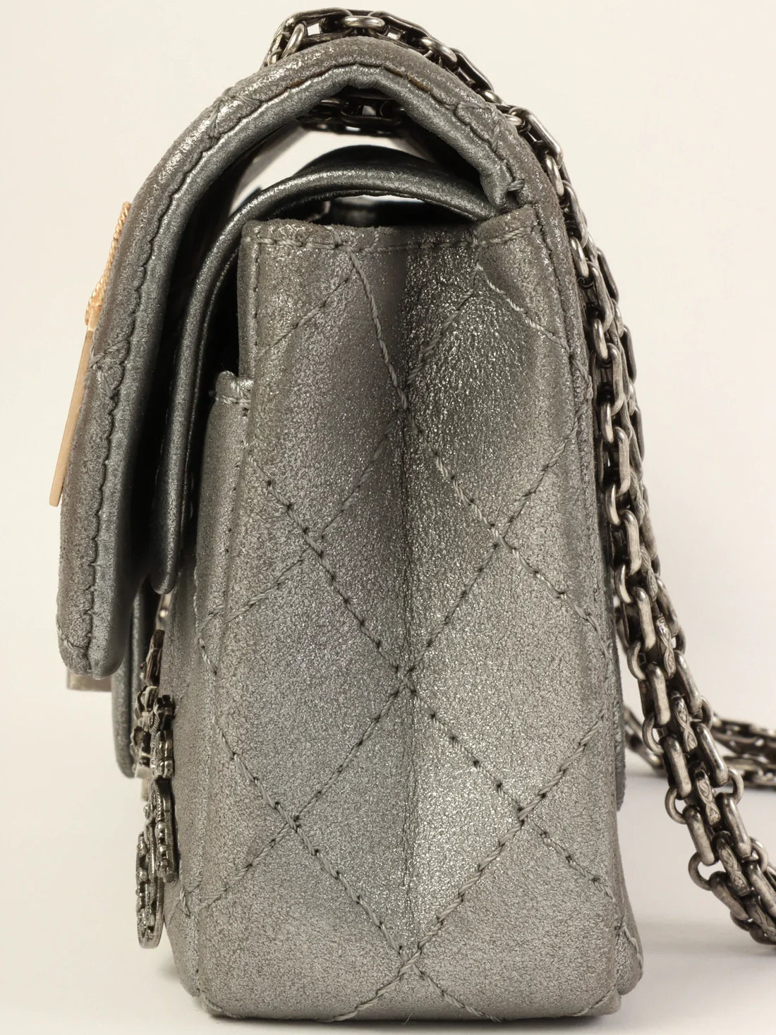 CHANEL Around 2007 Made 2.55 Icon Charm Chain Bag Mini Metallic Silver