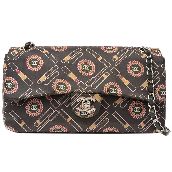 Chanel Around 2005 Made Satin Print Classic Flap Chain Bag 25Cm Black / Multi