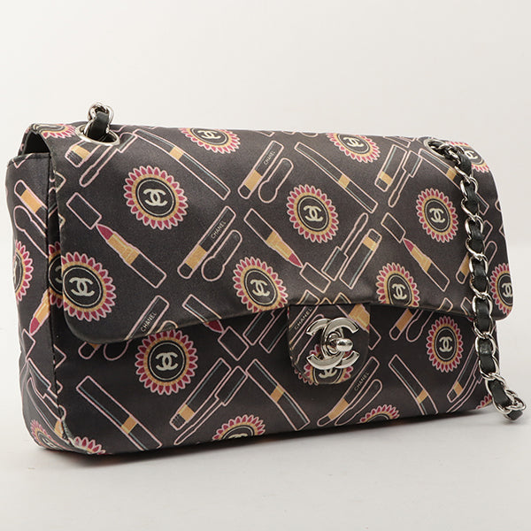 Chanel Around 2005 Made Satin Print Classic Flap Chain Bag 25Cm Black / Multi