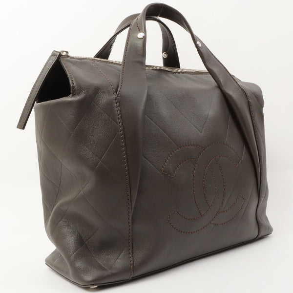 Chanel Around 2007 Made Chevron Cc Mark Stitch Top Handle Bag Dark Brown