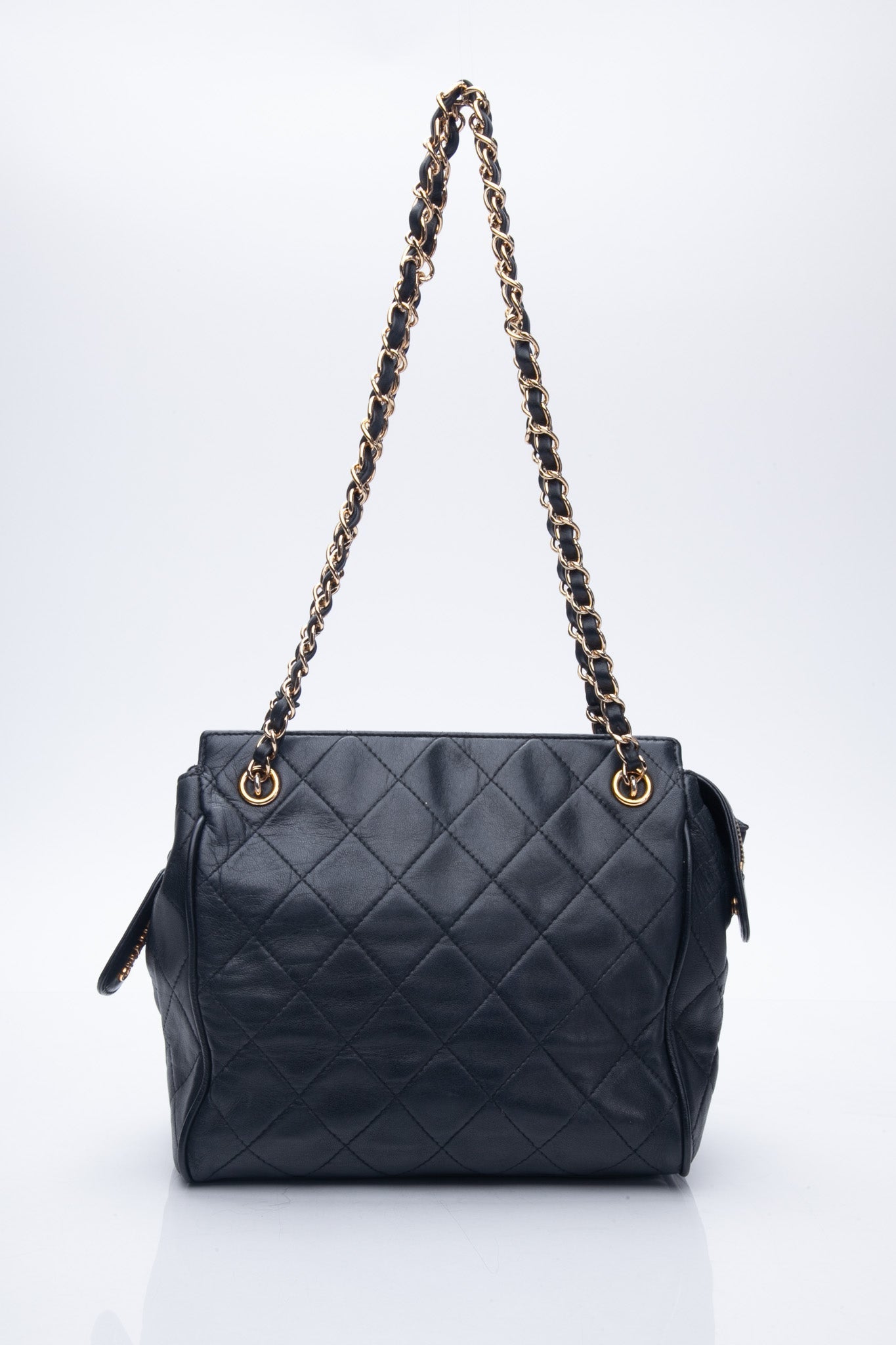 Chanel Black Vintage Zipped Chain Quilted Lambskin Small Tote Bag