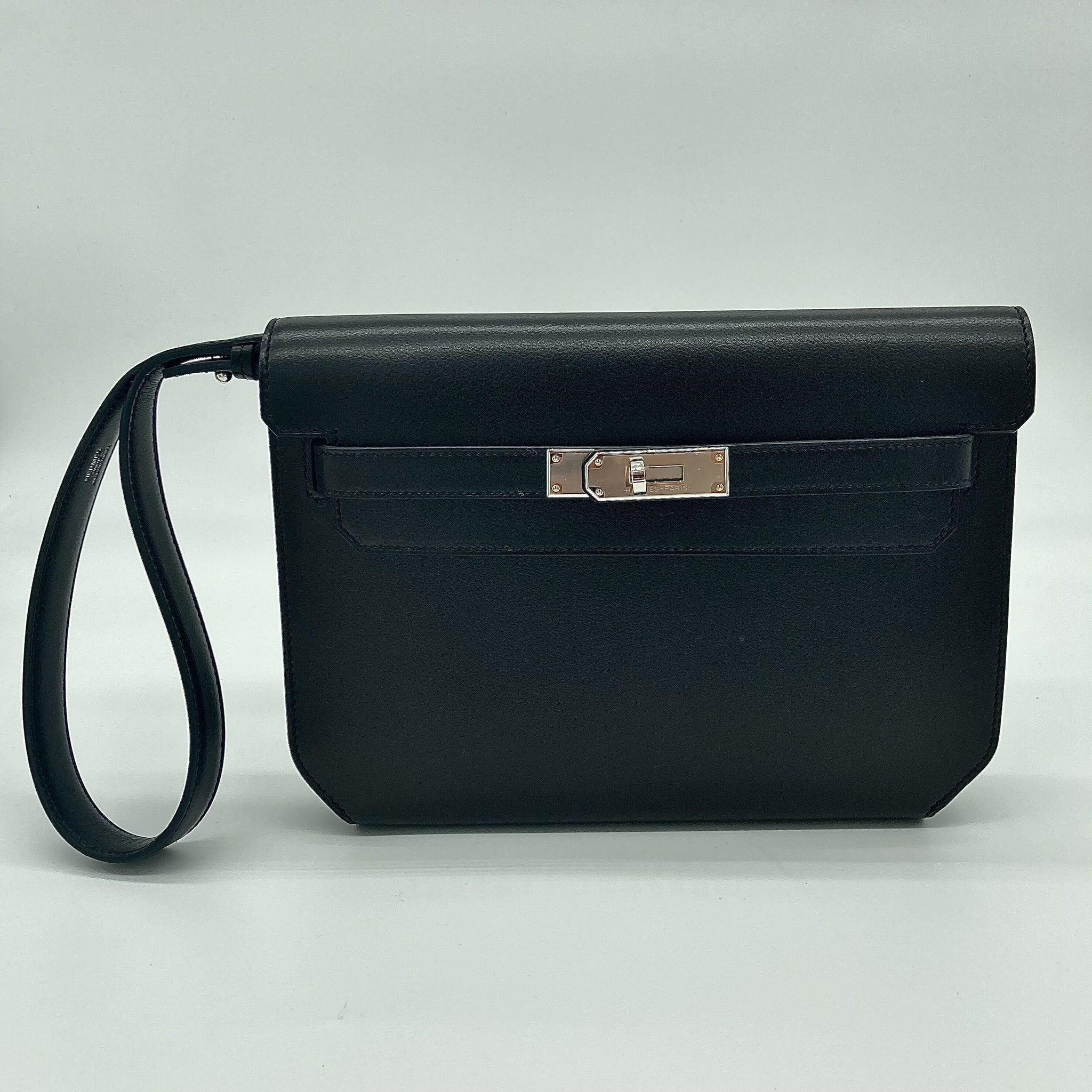 Hermes Kelly Depeches 25 Noir Veau Evergrain Clutch Palladium Hardware