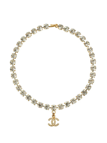 CHANEL 1995 Made Rhinestone Cc Mark Swing Necklace Gold