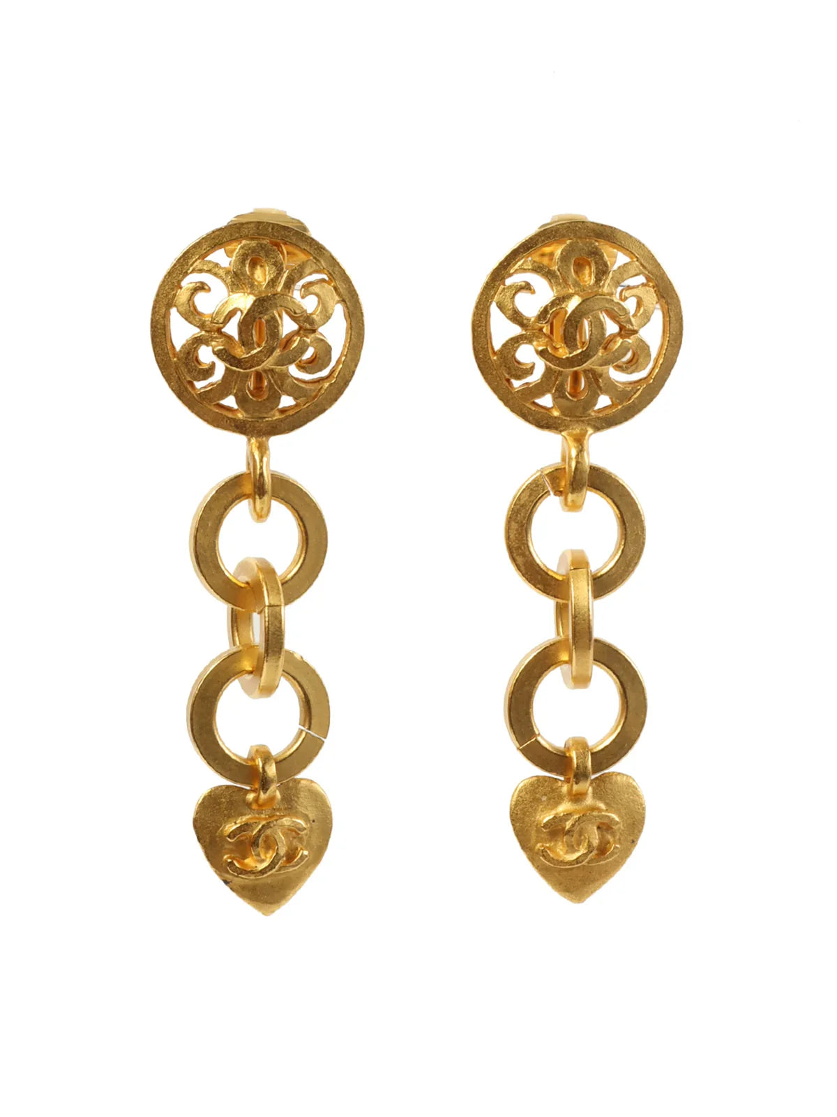 CHANEL 1995 Made Heart Cc Mark Swing Earrings Gold