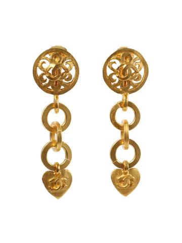CHANEL 1995 Made Heart Cc Mark Swing Earrings Gold