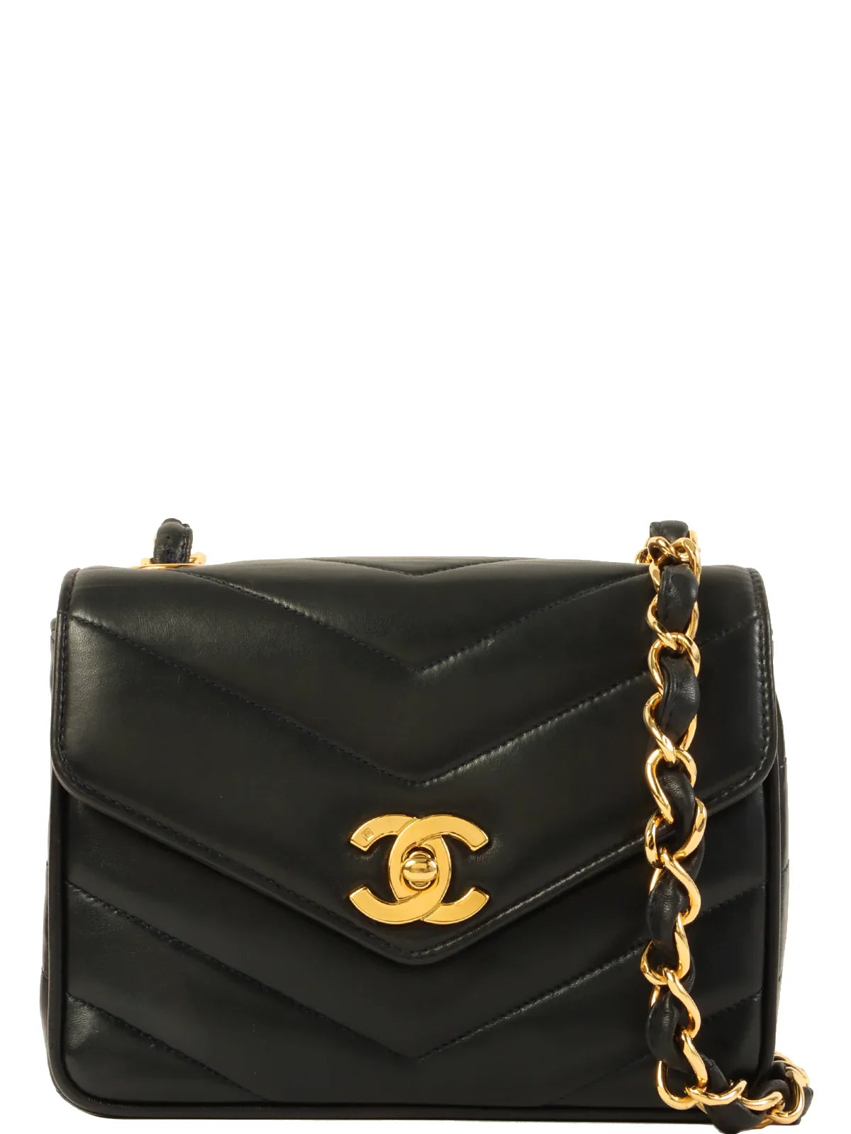 CHANEL Around 1995 Made V Stitch Turn-Lock Chain Bag Black