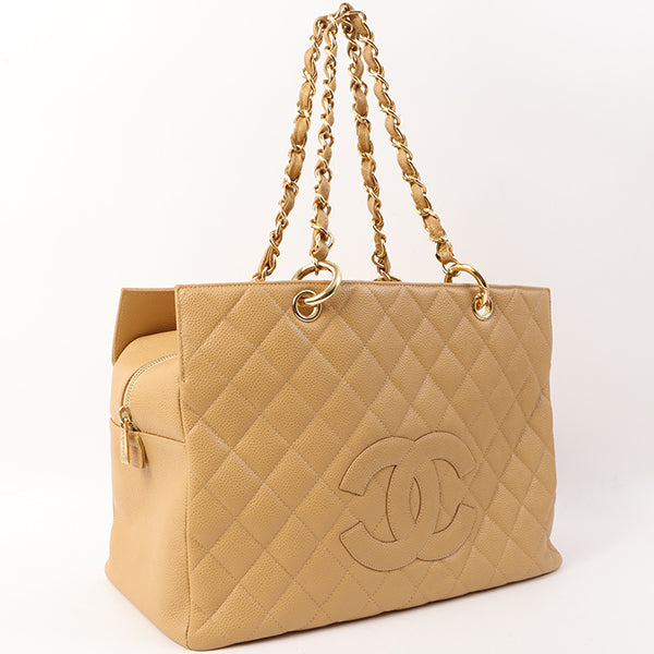 Chanel Around 2002 Caviar Skin Cc Mark Stitch Shoulder Bag Beige