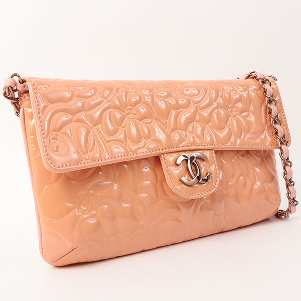 Chanel Around 2003 Made Patent Camellia Motif Classic Flap Chain Bag Salmon Pink