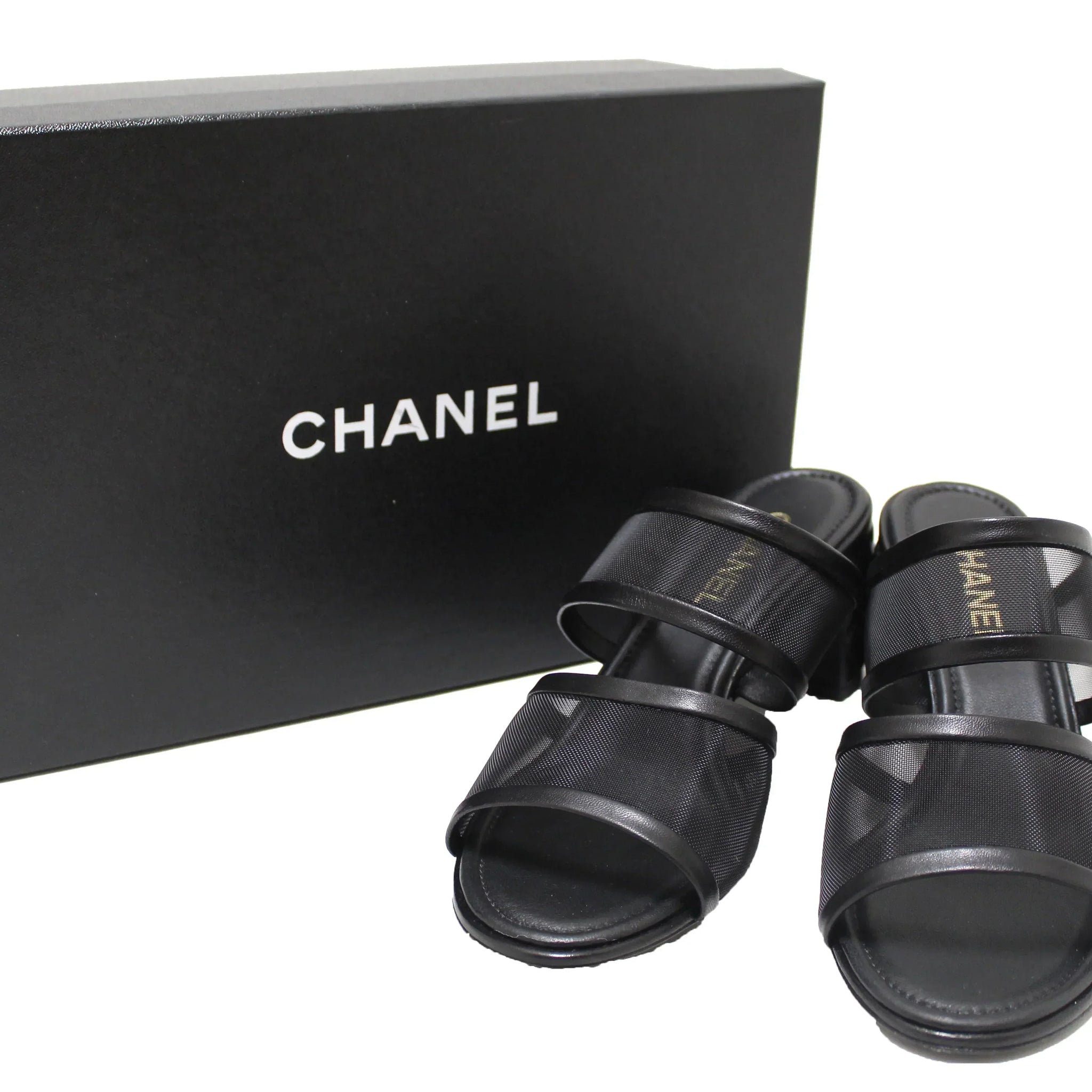 NEW Chanel Black Lambskin with Mesh Strappy Block-Heel Mules Size 40.5
