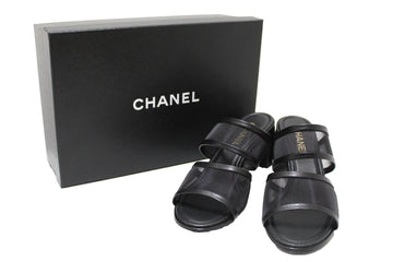 NEW Chanel Black Lambskin with Mesh Strappy Block-Heel Mules Size 40.5