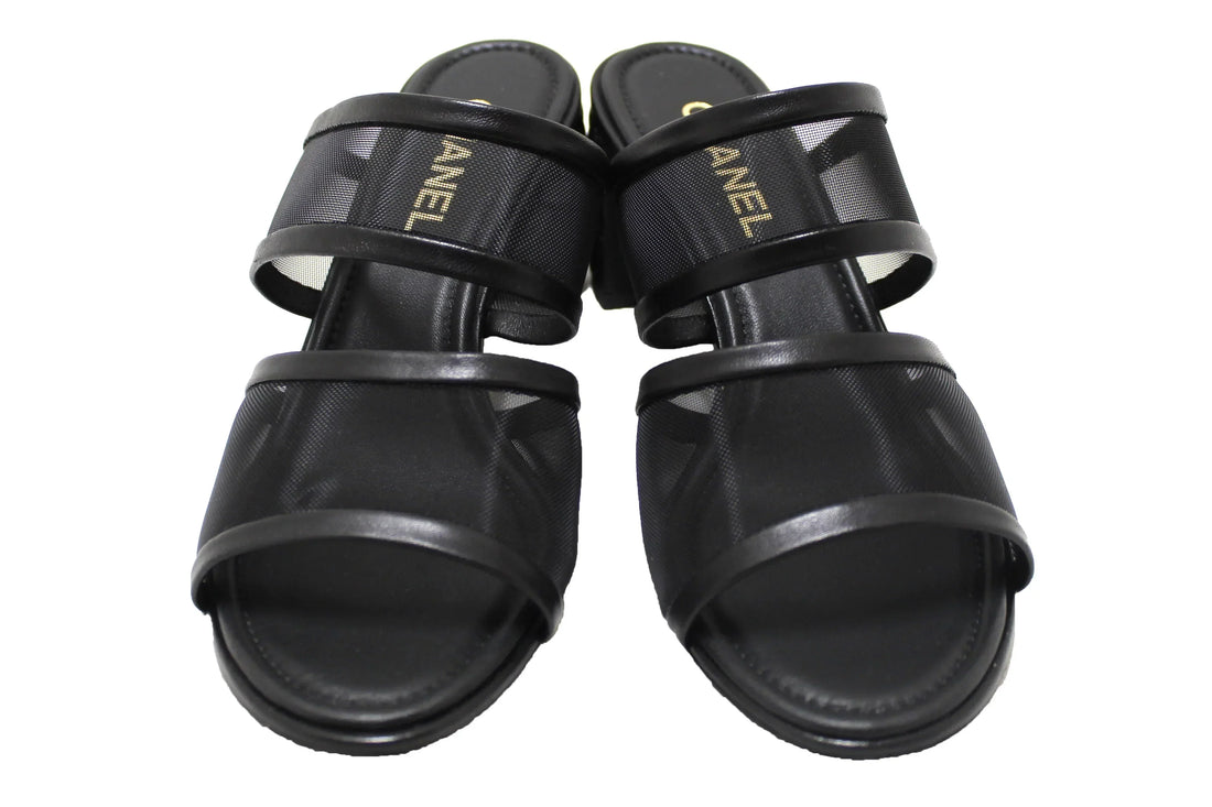 NEW Chanel Black Lambskin with Mesh Strappy Block-Heel Mules Size 40.5