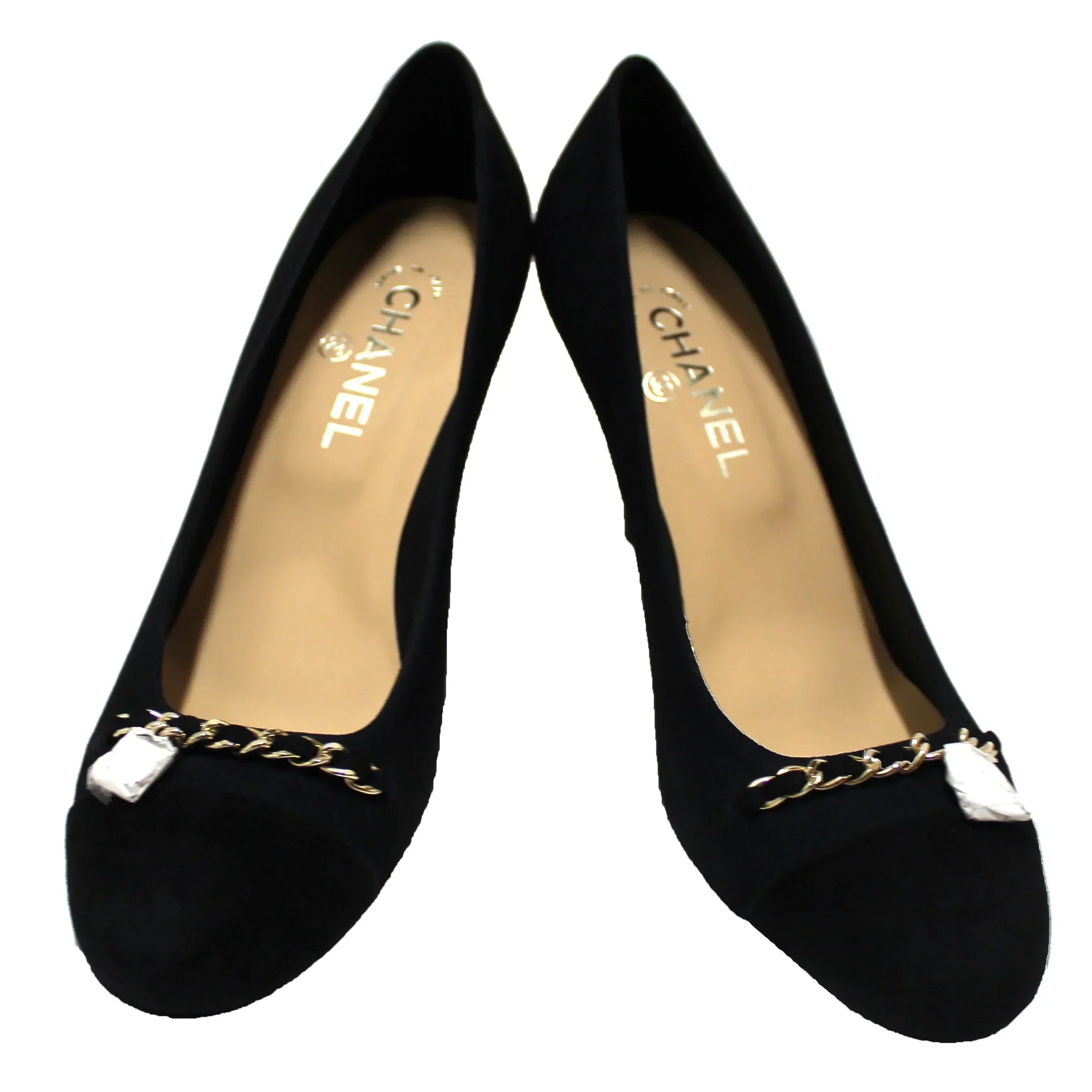 NEW Chanel Black Navy Blue Suede Cap Toe Chain CC Pumps Size 40.5