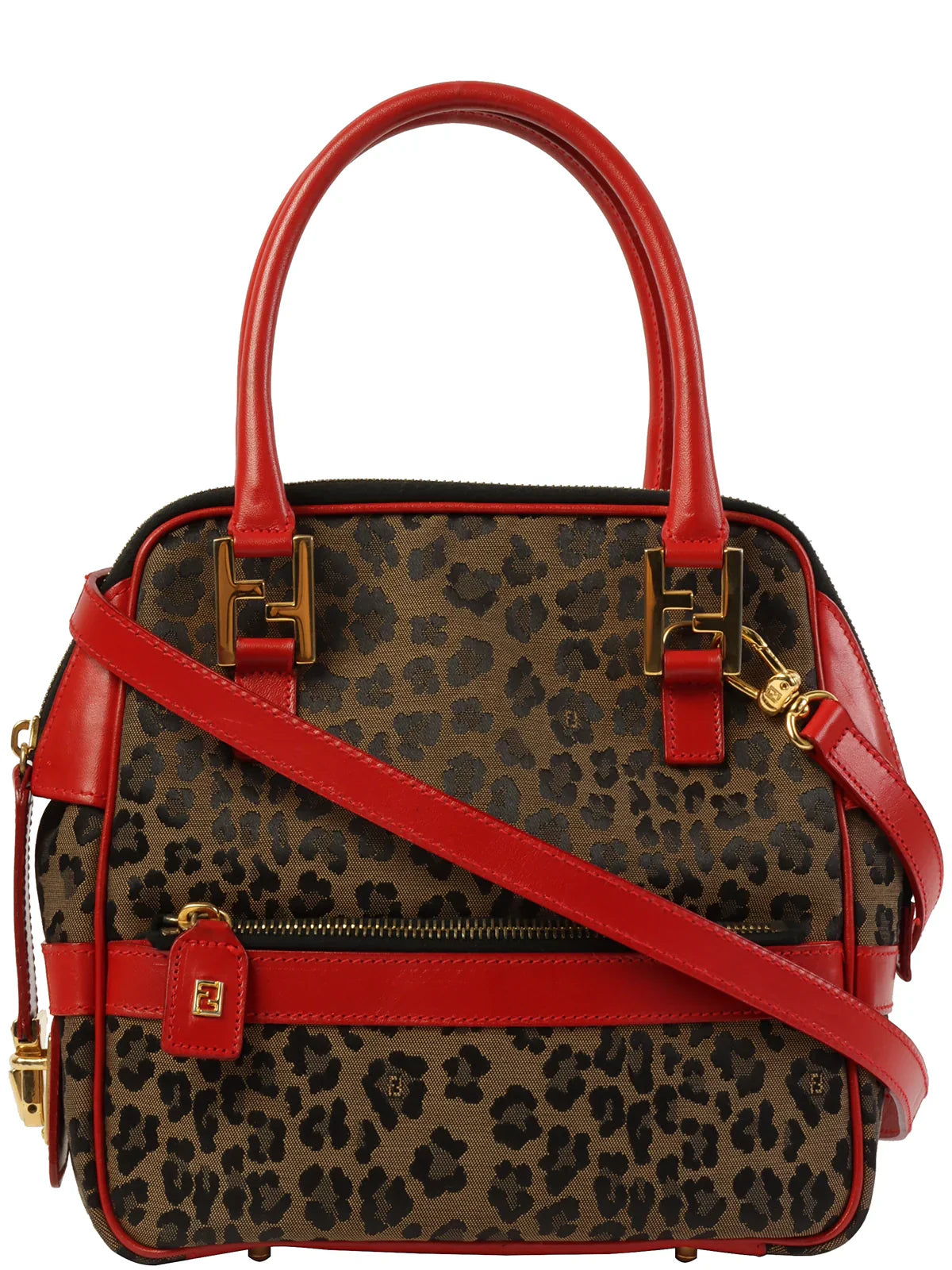 FENDI Leopard Pattern Logo Plate 2Wat Bag Brown/Red