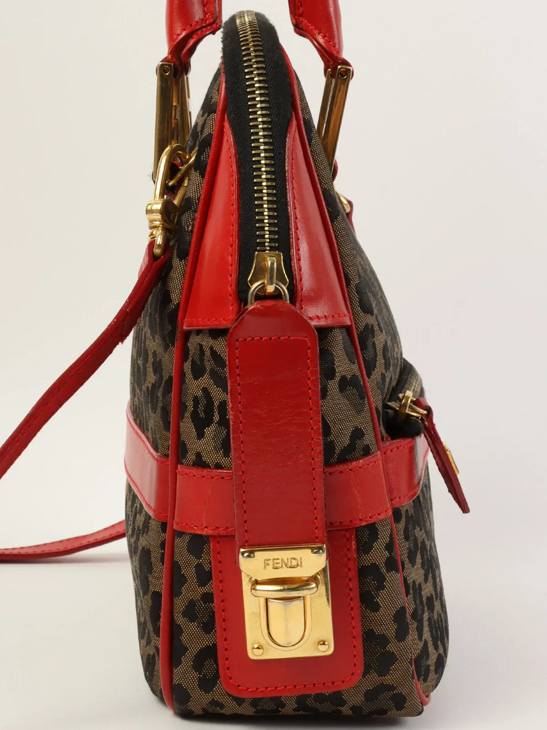FENDI Leopard Pattern Logo Plate 2Wat Bag Brown/Red