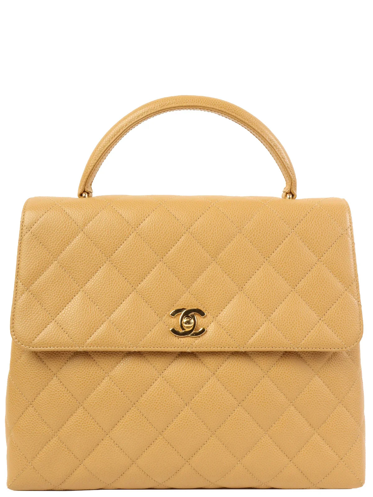 CHANEL Around 2000 Made Ciaviar Skin Stright Flap Turn-Lock Top Handle Bag Beige