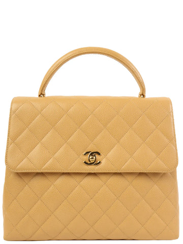 CHANEL Around 2000 Made Ciaviar Skin Stright Flap Turn-Lock Top Handle Bag Beige