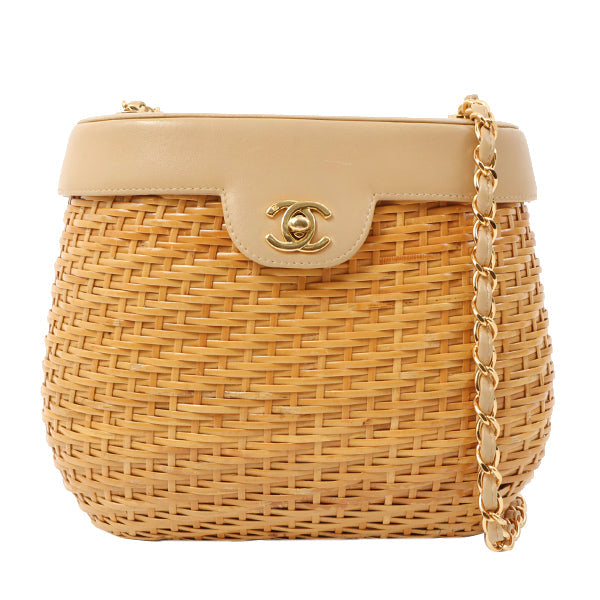 Chanel Around 1998 Made Rattan Turn-Lock Basket Chain Bag Beige