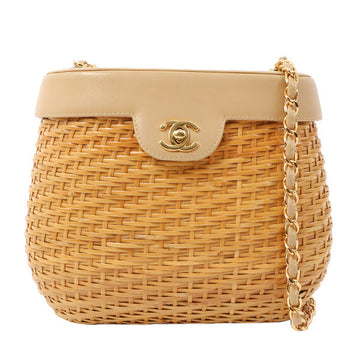 Chanel Around 1998 Made Rattan Turn-Lock Basket Chain Bag Beige