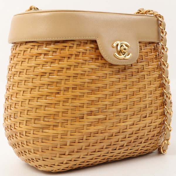 Chanel Around 1998 Made Rattan Turn-Lock Basket Chain Bag Beige