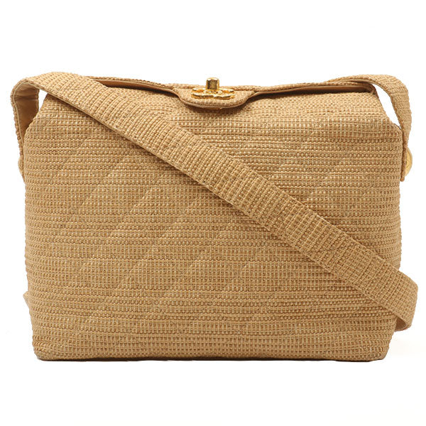 Chanel Around 1992 Made Straw Turn-Lock Shoulder Bag Beige