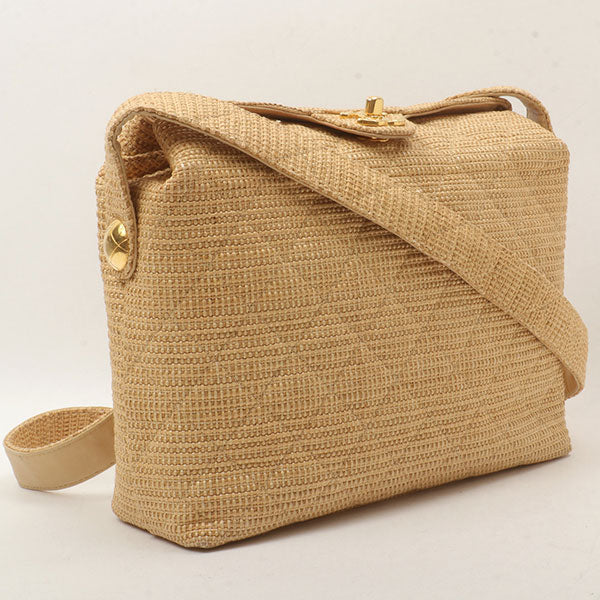Chanel Around 1992 Made Straw Turn-Lock Shoulder Bag Beige