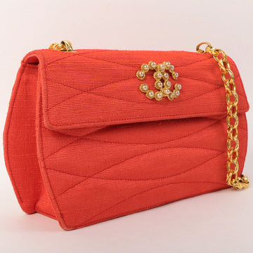 CHANEL Around 1998 Made Cotton Pearl Cc Mark Bijoux Chain Bag Red