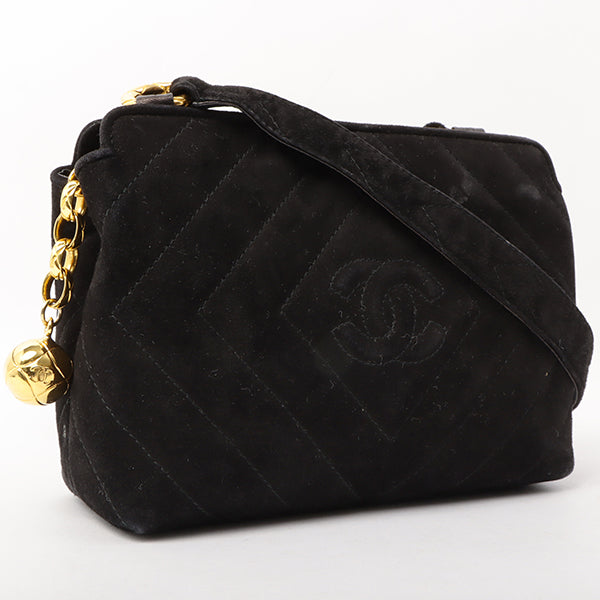 Chanel Around 1992 Made Suede Cc Mark Stitch Ball Charm Shoulder Bag Black
