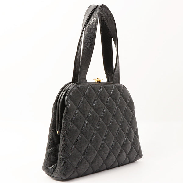 Chanel Around 1997 Made Caviar Skin Matelasse Plate Metal Clasp Hand Bag Black
