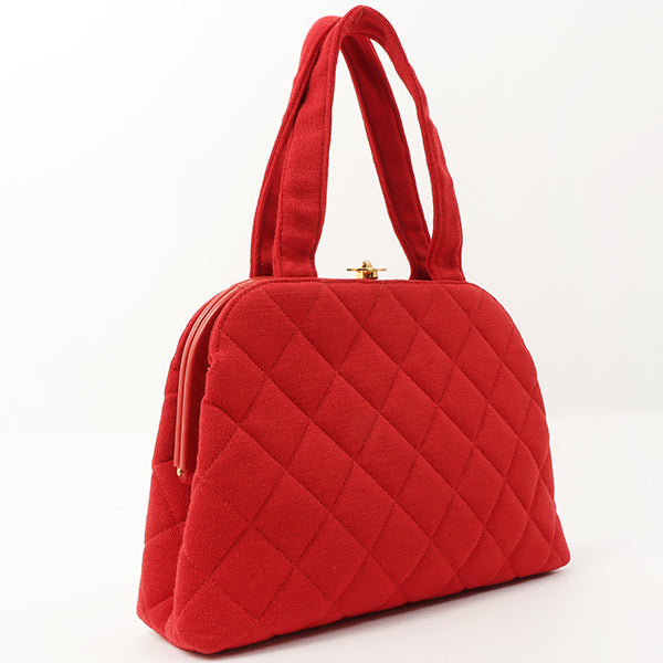 Chanel Around 1997 Made Cotton Turn-Lock Metal Clasp Top Handle Bag Red