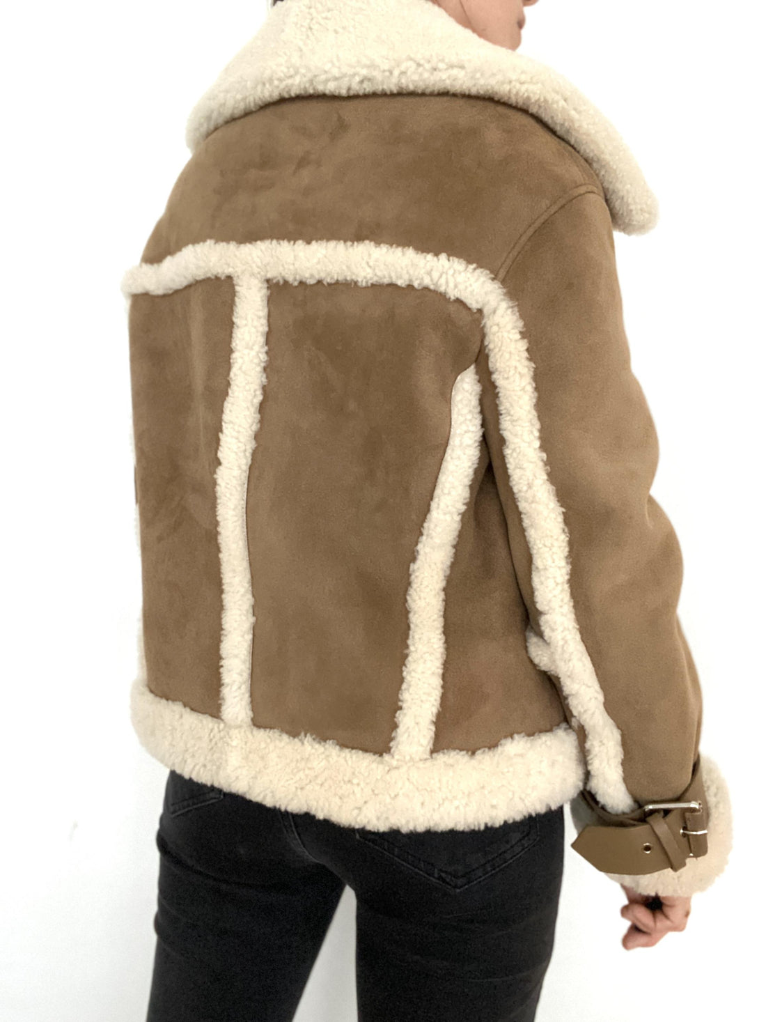 ALL SAINTS Farley Shearling Aviator Jacket in Brown/Ecru - Size M