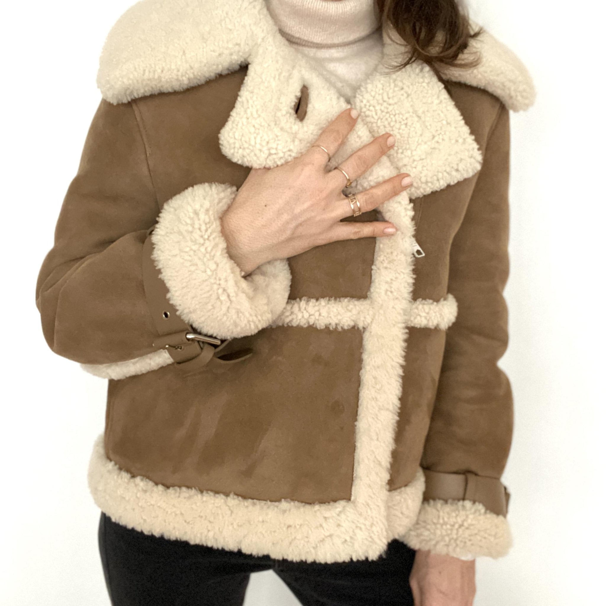 ALL SAINTS Farley Shearling Aviator Jacket in Brown/Ecru - Size M