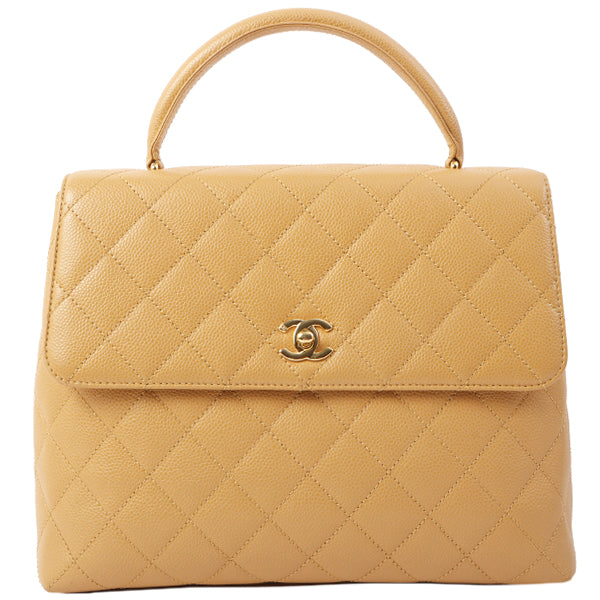 Chanel Around 2003 Made Caviar Skin Straight Flap Turn-Lock Top Handle Bag Beige