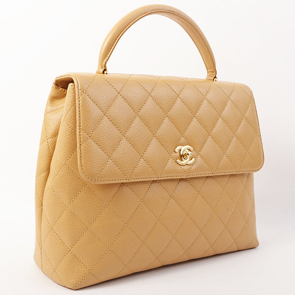 Chanel Around 2003 Made Caviar Skin Straight Flap Turn-Lock Top Handle Bag Beige