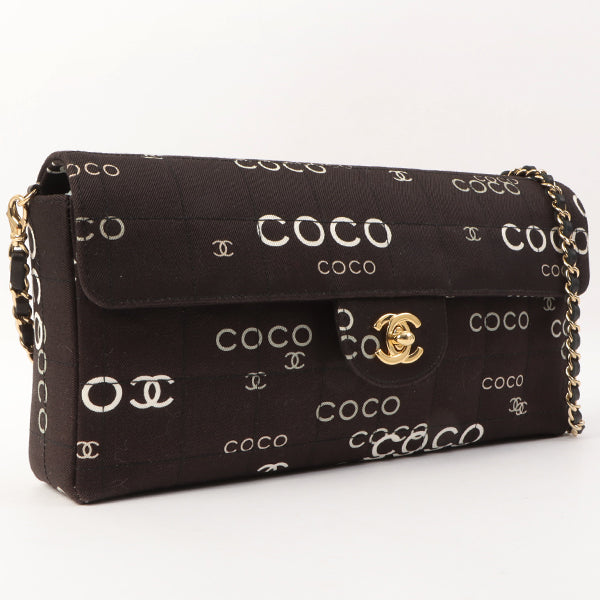 Chanel Around 2002 Made Cotton Logo Print Chocolate Bar Turn-Lock Chain Bag Black