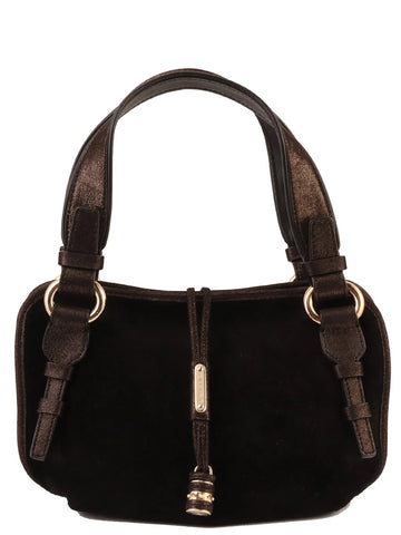 CELINE Suede Logo Charm Top Handle Bag Black