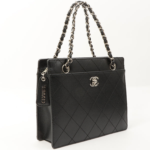 Chanel Around 1998 Made Caviar Skin Turn-Lock Chain Top Handle Bag Black