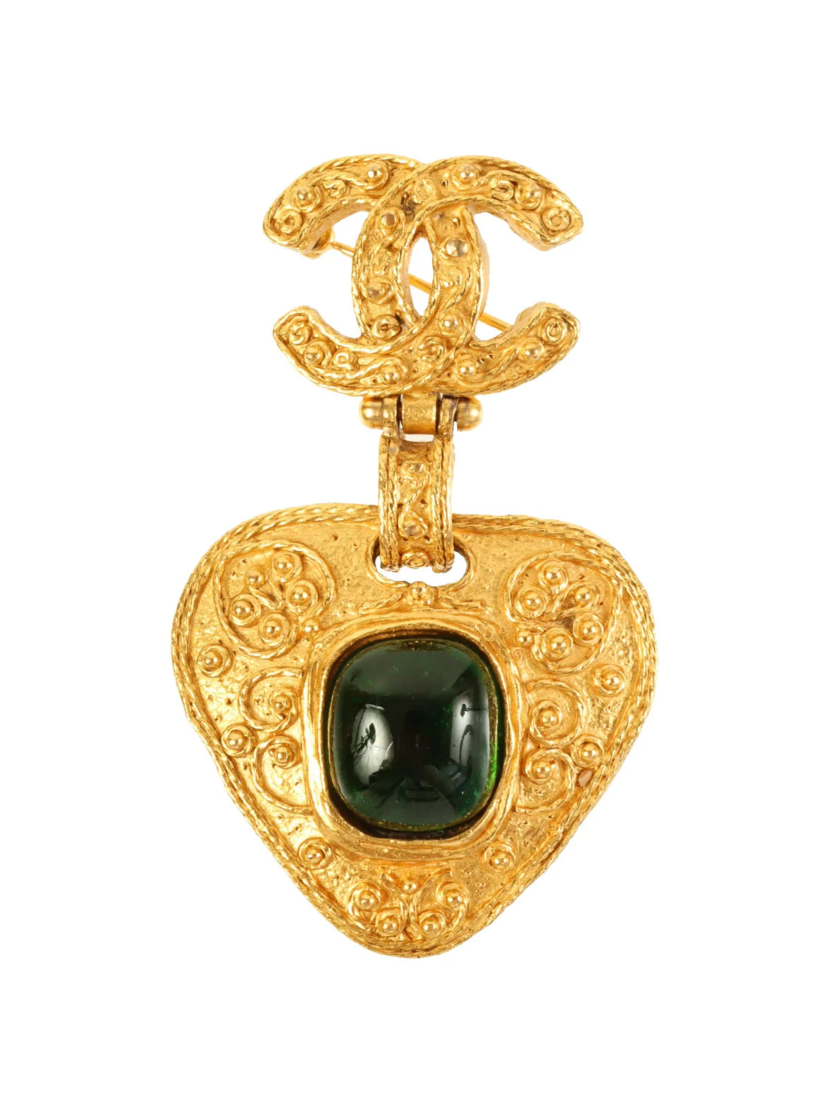 CHANEL 1994 Made Gripoix Triangle Cc Mark Swing Brooch Gold/Green